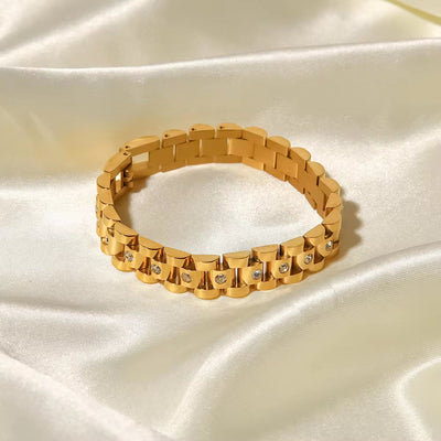 New Trendy 18K Gold Plated Stainless Steel Strap Jewelry Waterproof Wide Cubic Zirconia Belt Bracelet