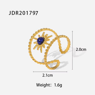 Ins 18K Gold Plated Stainless Steel Eightfold Star Natural Stone Hollow Adjustable Rings for Women