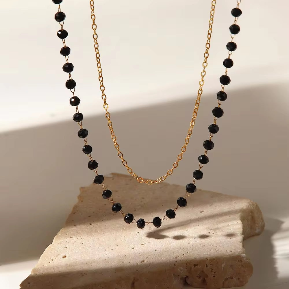 Bohemia Stainless Steel Black Beads Glass Stone Double Layer Bead Chain Necklace for Women