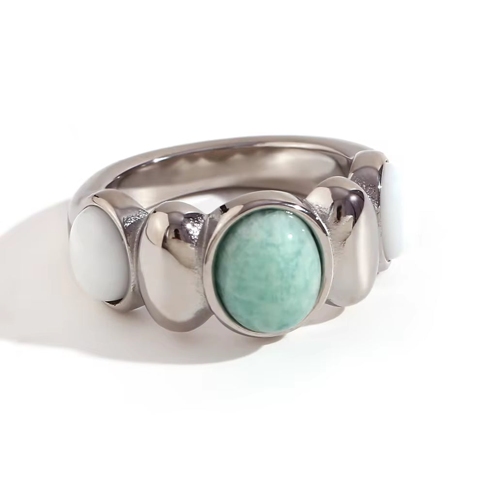 Oval Amazonite Gemstone Jewelry Natural Stone Gold Plated Rings Stainless Steel Rings Jewelry Women