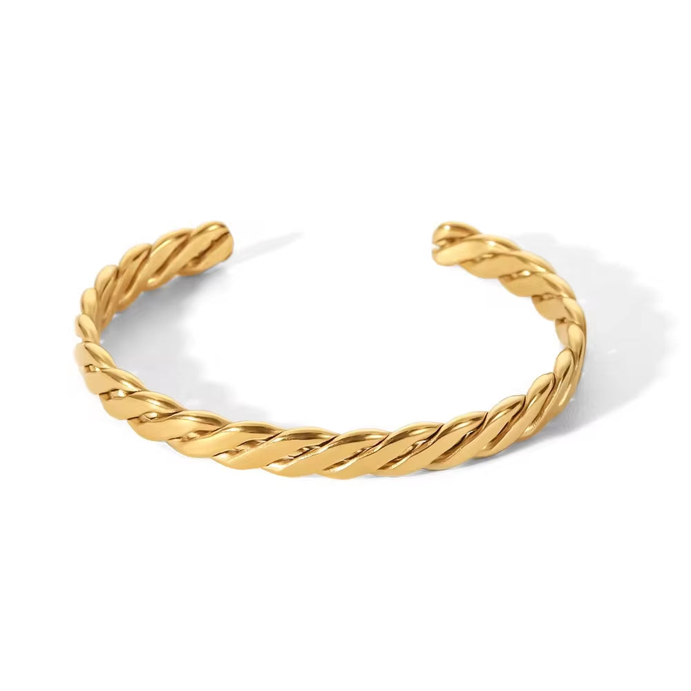 Ins Popular 18K Gold Plated Twisted Wide Cuban Chain Stainless Steel Bangles for Women Gift