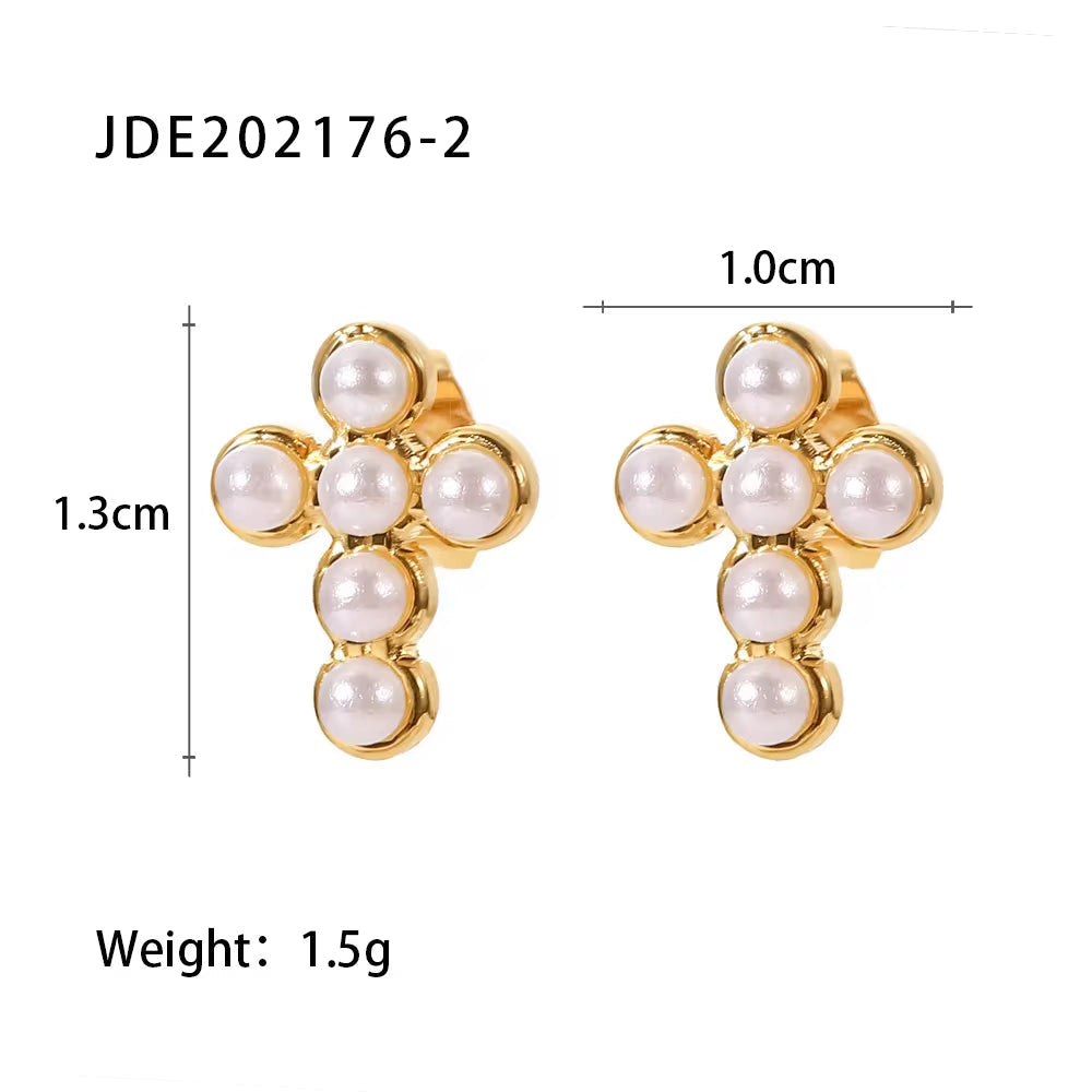 Gorgeous 18K Gold Plated Pearl Insert Cross Shape Stainless Steel Stud Earrings for Ladies Wearing