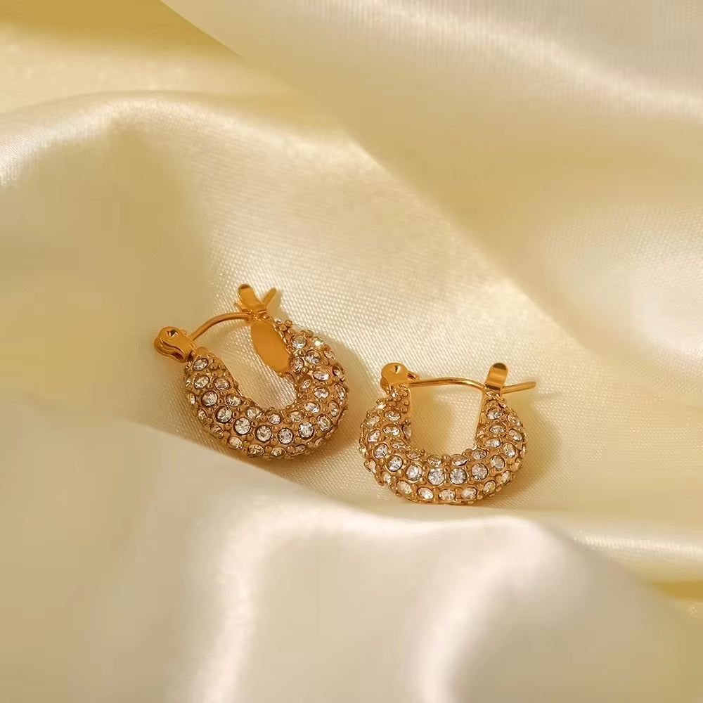 18K Gold Plated Stainless Steel Dainty Hammered Surface White Cubic Zircon Hoop Earrings for Gift