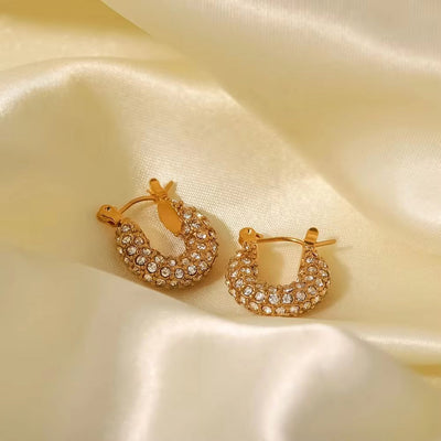 18K Gold Plated Stainless Steel Dainty Hammered Surface White Cubic Zircon Hoop Earrings for Gift