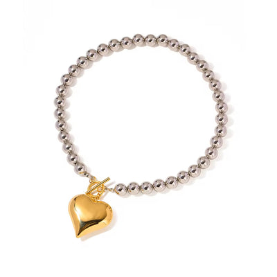 Waterproof 18K Gold Plated Stainless Steel round Bead Jewelry Gift T Bar Chunky Heart Love Necklace