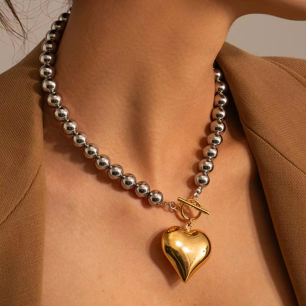 Stainless Steel Chunky Heart Shape Beaded Necklace Chain Fashion Jewelry for Women