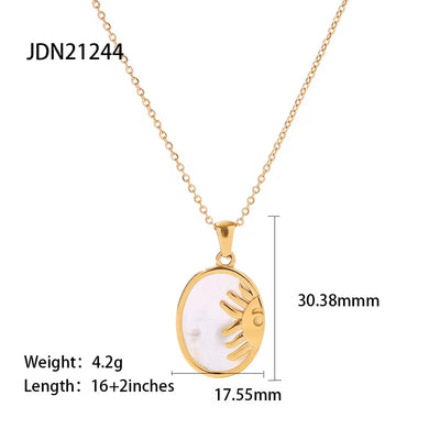 INS Stainless Steel White Shell Sun Necklace 18K Gold Plated Oval Sun Moon Shell Pendant Necklace