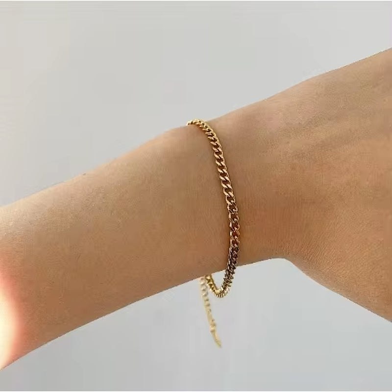 3Mm Minimal Classic Gold Curb Link Bracelet Chic Dainty 18K Gold Plated Stainless Steel Cuban Chain Bracelet