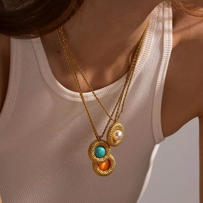 Turquoise Winding Circle 18K Gold Plated Stainless Steel Cat Eye Stone Vortex Pendant Necklace for Women