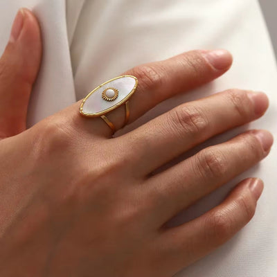 Oval round Natural Shell Pearl 18K PVD Gold Plated Stainless Steel Opening Rings Women Jewelry