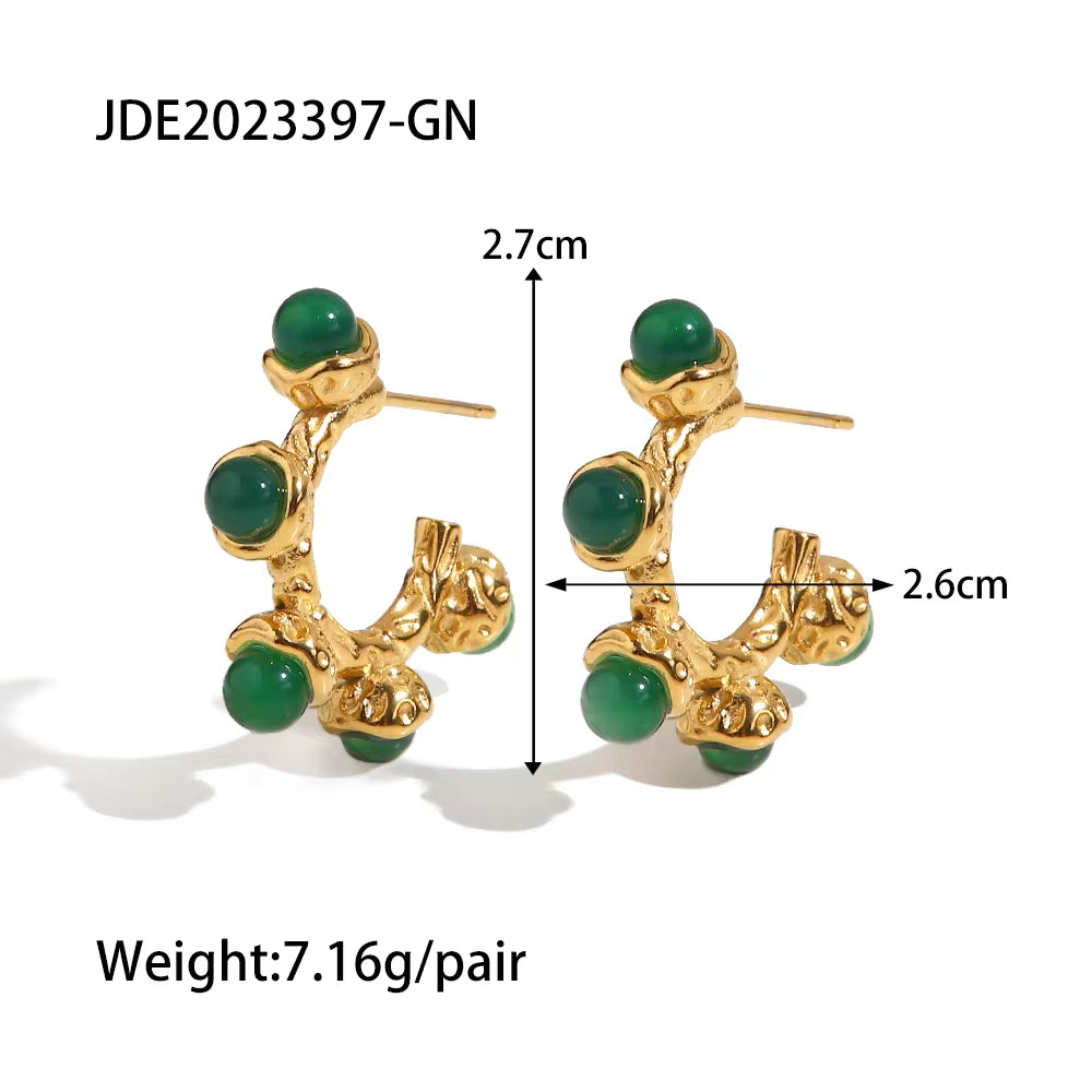 Retro Jade Natural Stone Zircon CC Hammered Silver 18K Gold Plated Stainless Steel Hoop Earrings Jewelry