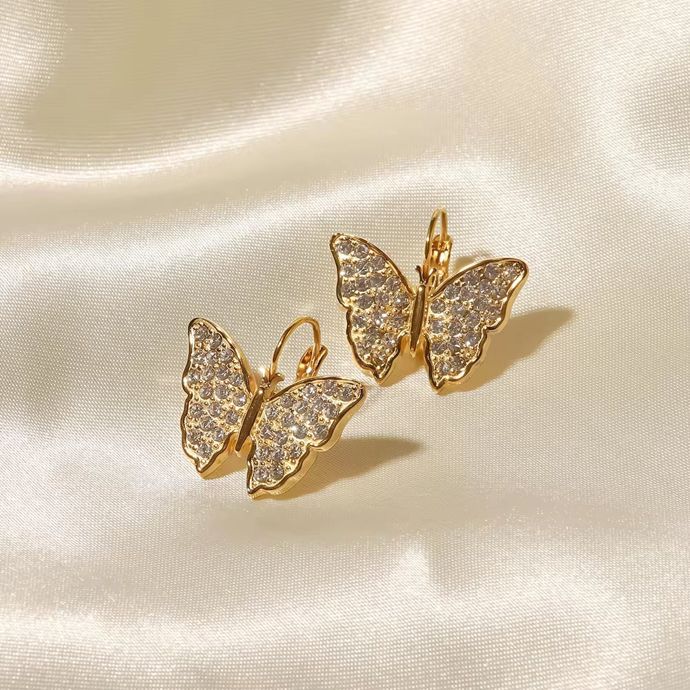 New Arrivals Full Zircon Inlaid Butterfly Shape Earrings Stainless Steel Gold Plated Hoop Earrings