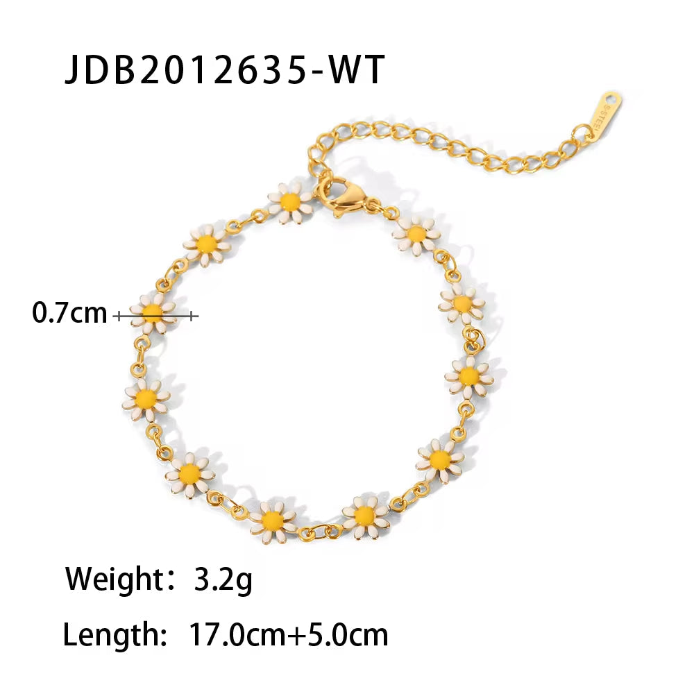 Charm 18K Gold Plated Stainless Steel Choker Necklace Set Women Colorful Daisy Chain Bracelet