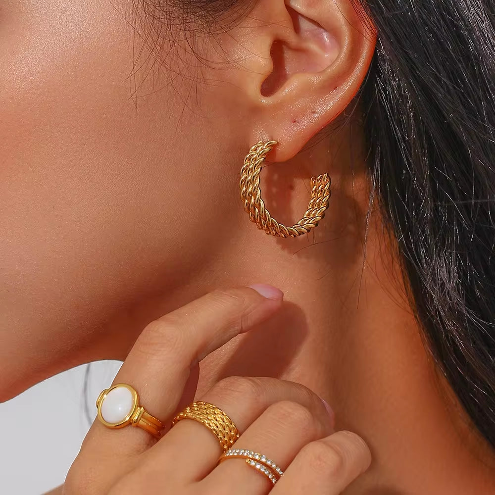 Tarnish Free Jewelry Weave Twisted Stainless Steel 18K Gold Plated Three Layered Gold Hoop Earrings