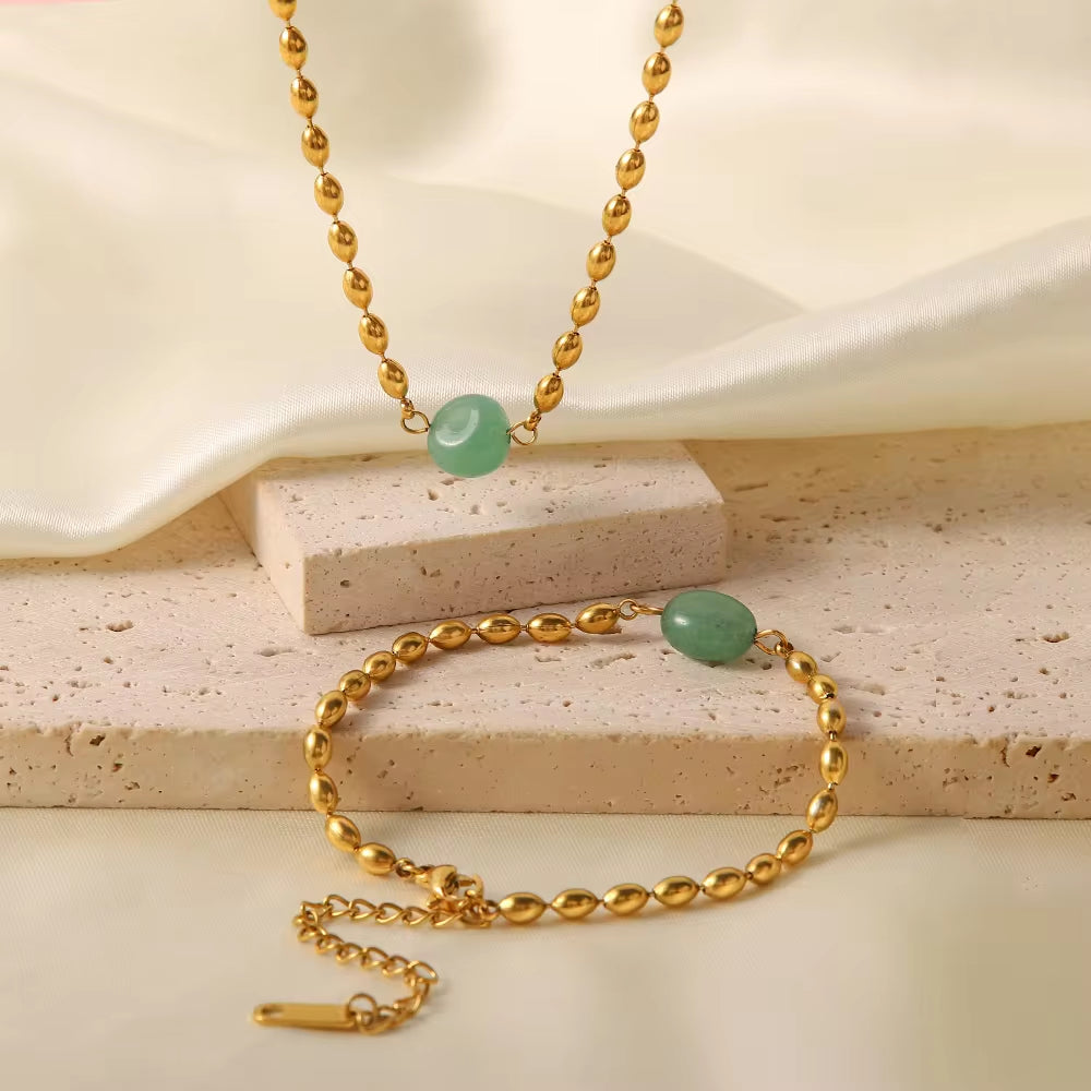 Stainless Steel 18K Gold Plated Jewelry Set Green Natural Stone Oval Golden Bead Bracelet Necklace