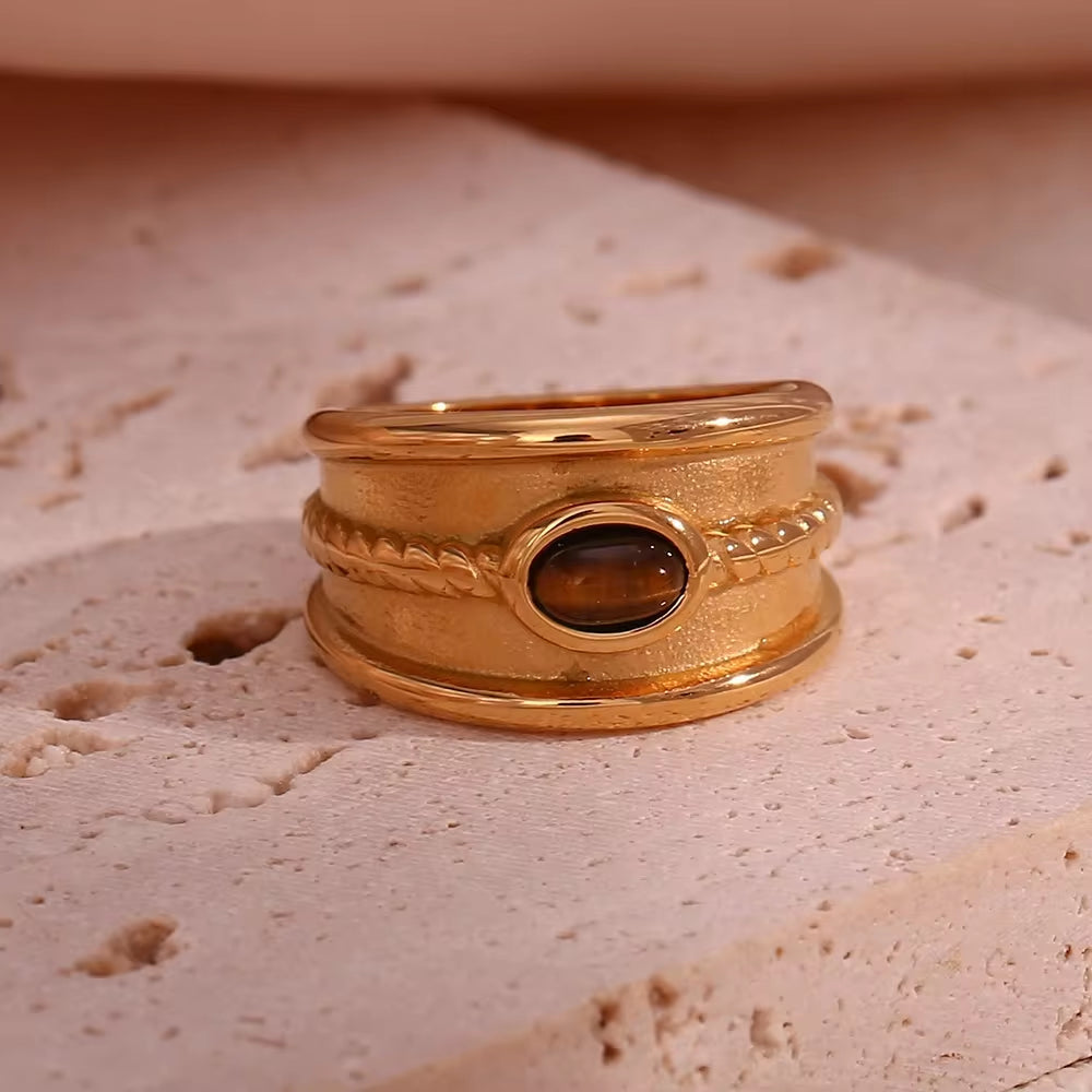 Vintage Engraved Natural Stone Statement Ring 18K Gold Plated Stainless Steel Signet Ring