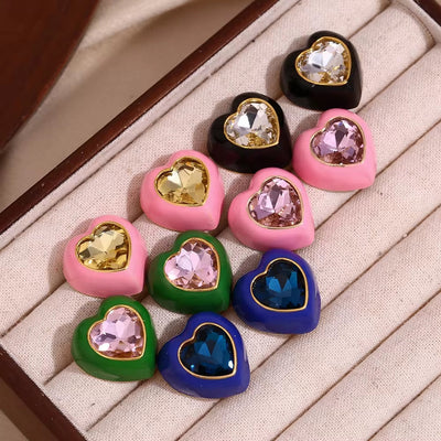 Spring Fashion Colorful Earrings Women Shining Heart Zircon Stud Earrings Gold Plated Stainless Steel Jewelry