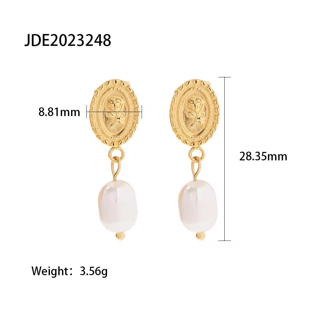 18K Gold Plated Stainless Steel Freshwater Pearl Coin Design Rose Embossed Pendant Earrings Ins Trendy