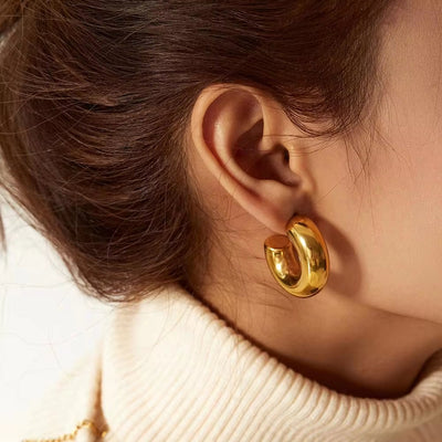 18K Gold Plated Stainless Steel C Shape Hollow Shiny Stud Fashion Big Hoop Earrings for Women