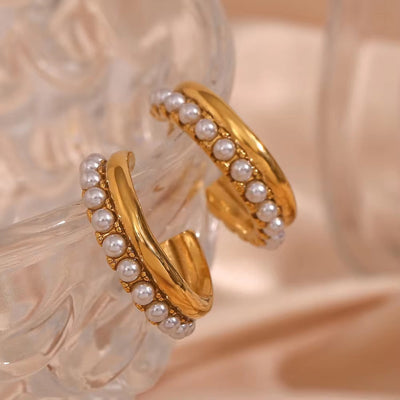 Spring Fashion Designer Earrings Zircon & Pearl Hoop Earrings Women 18K Gold Plated Stainless Steel Jewelry