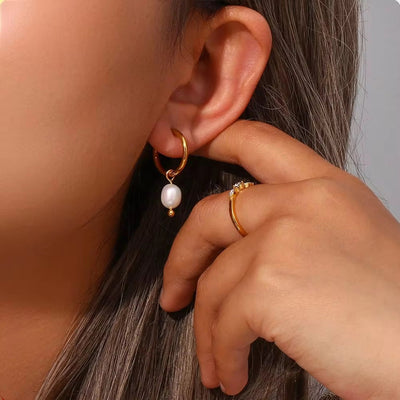 Drop Ship Elegant Fresh Water Pearl Drop Earring 18K Gold Plated Stainless Steel Gold Hoop Earring