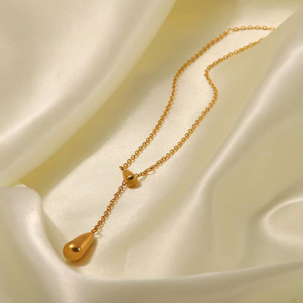 New Trend 18K Gold Plated Double Waterdrop Stainless Steel Y Shape Waterdrop Charm Necklace Jewelry