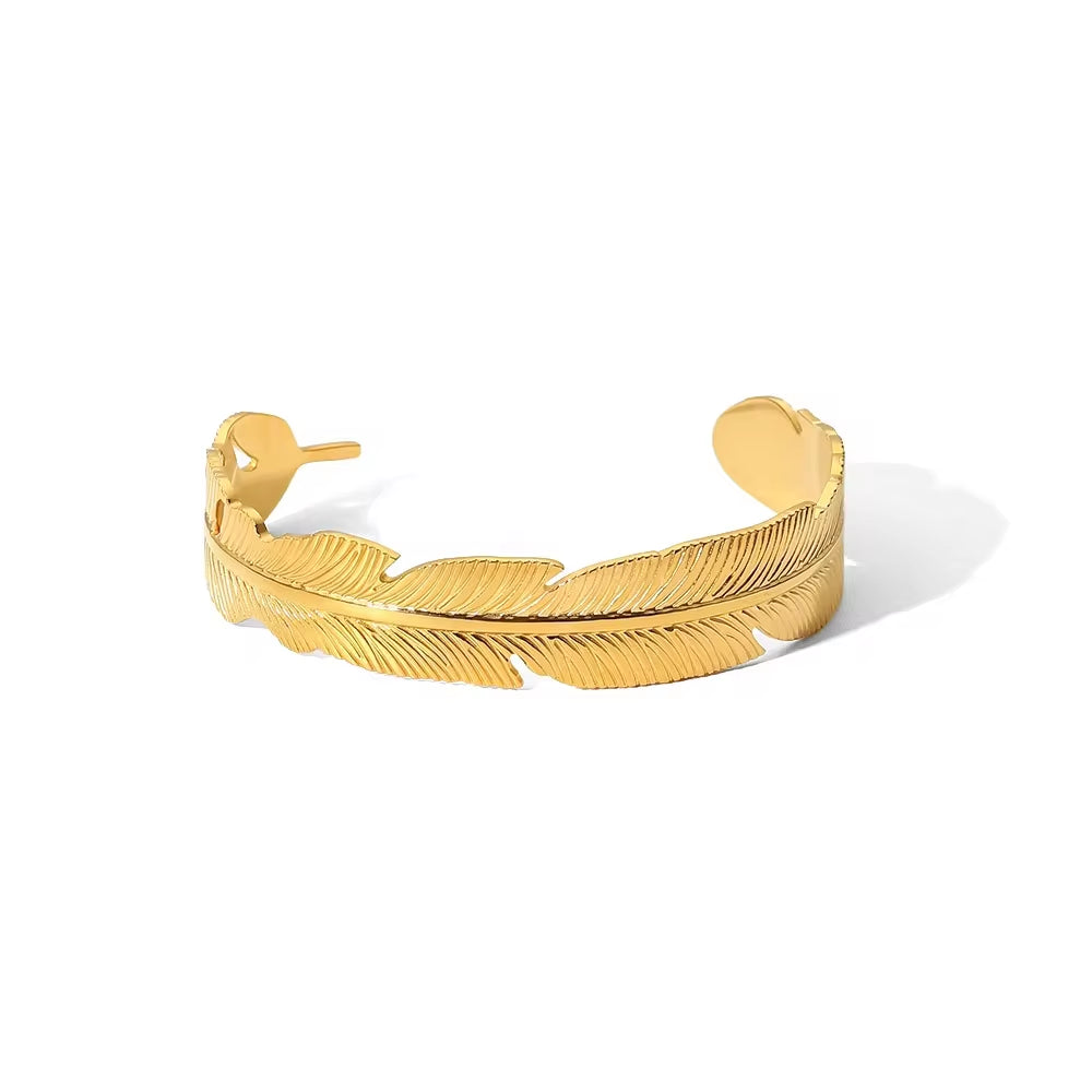 18K Gold Plated Wide Feather Design Palm Frond Stainless Steel Minimalism Opening Bangles