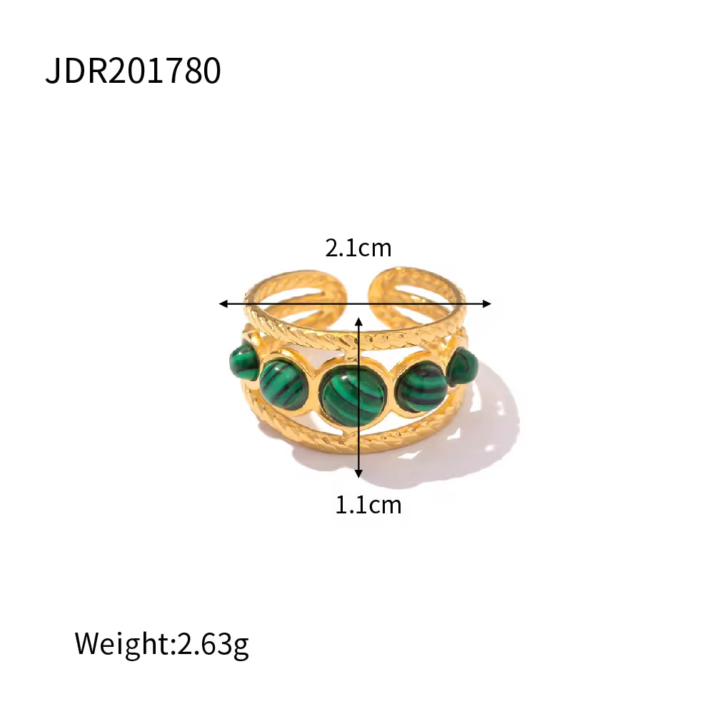 Water Proof PVD Gold Plated Stainless Steel Natural Malachite Stone Hollow Adjustable Rings