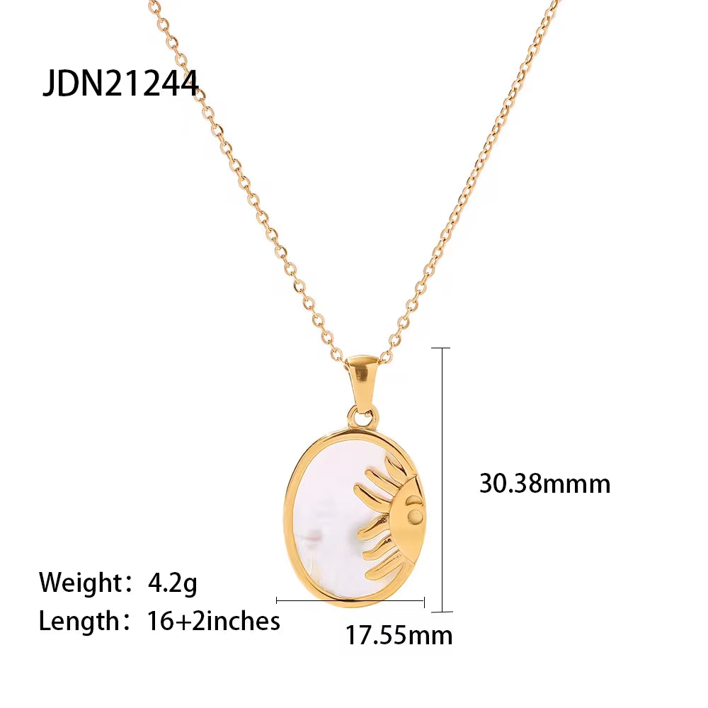 New Stainless Steel White Shell Sun Necklace 18K Gold Plated Oval Sun Shell Pendant Necklace