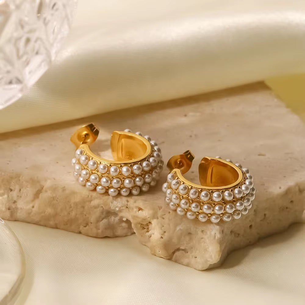 18K Gold Plated Stainless Steel C Shape White Pearl Three Layer Hoop Earrings Ins Fashion Jewelry