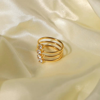 New Stainless Steel Rings Multiple Layered 18K Gold Plated Opening White Cubic Zircon Ring