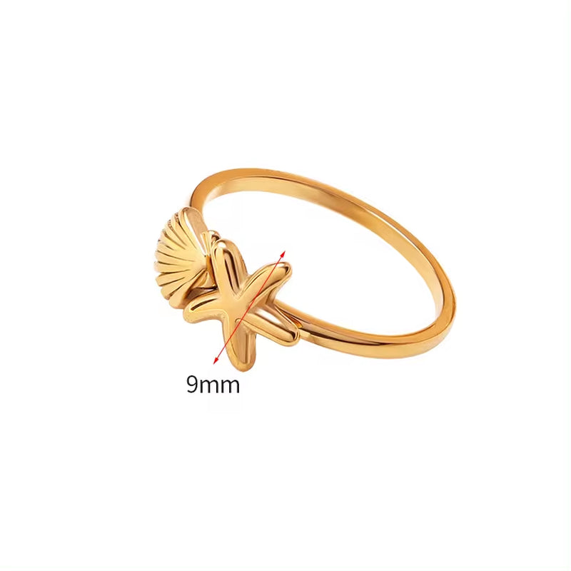 Ins French Style Stainless Steel 18K PVD Plated Shell and Star Rings Tarnish Free and Hypoallergenic for Girls