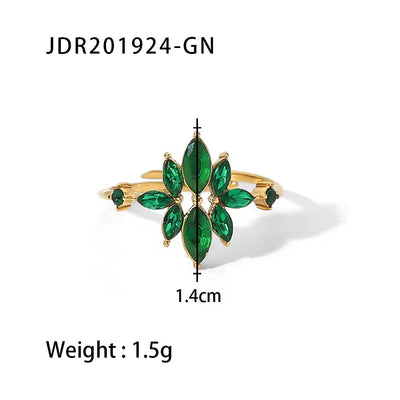 18K Gold Plated Thin Flower Zircon Finger Ring Stainless Steel Green CZ Zircon Adjustable Ring