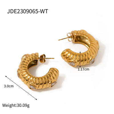 Fashion 18K Gold Plated Stainless Steel Hoop Earrings Thick Hollow Zircon Big Chunky Earrings Women