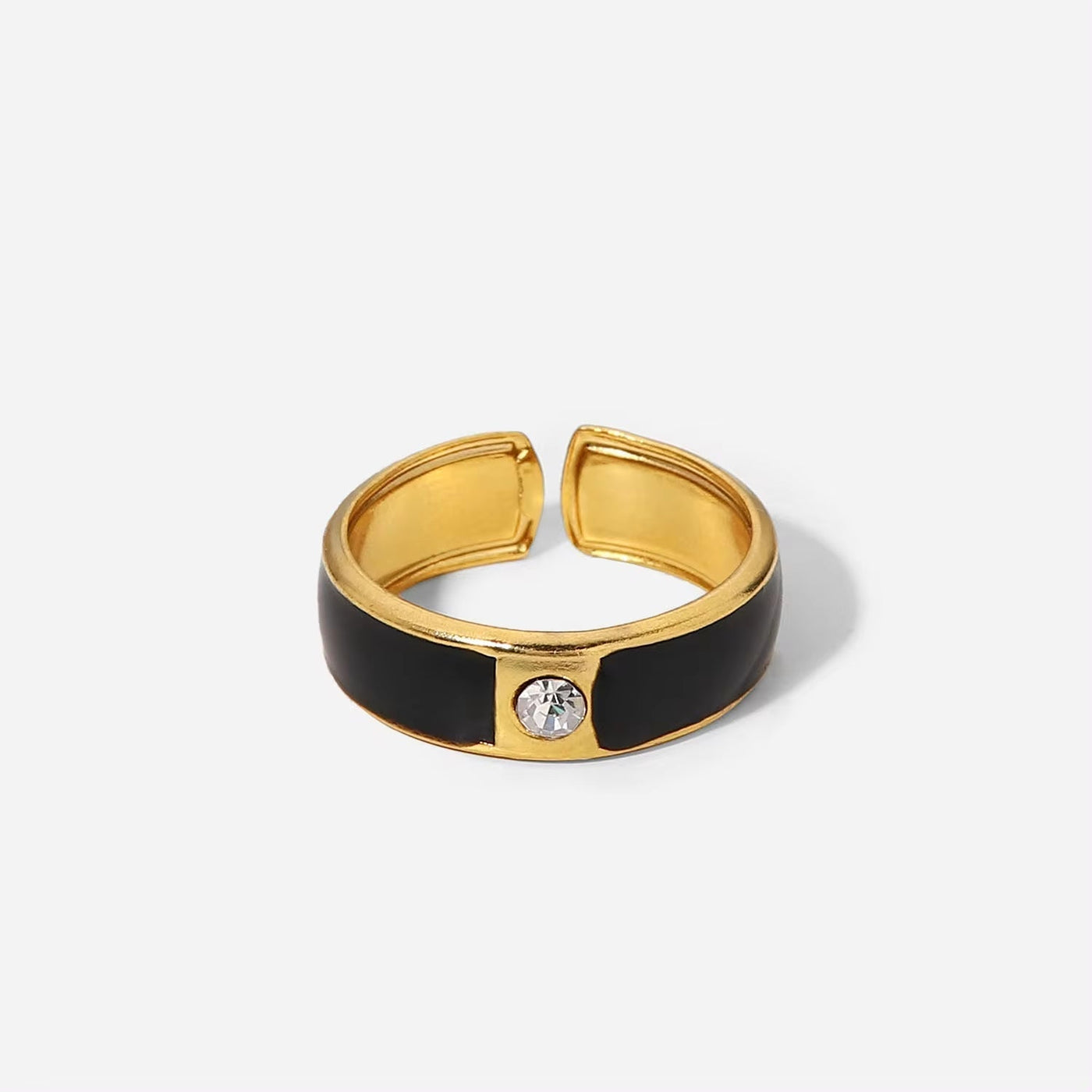 Black Enamel Opening Cubic Zirconia 18K Gold Plated Ring Bamboo Stainless Steel Rings for Women