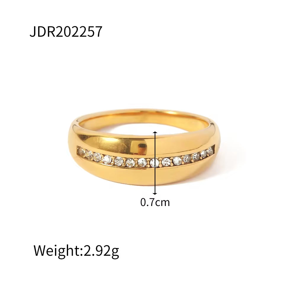 Smooth Thick Shiny Cubic Zircon Pave 18K Gold Plated Stainless Steel Rings Ins Popular Style