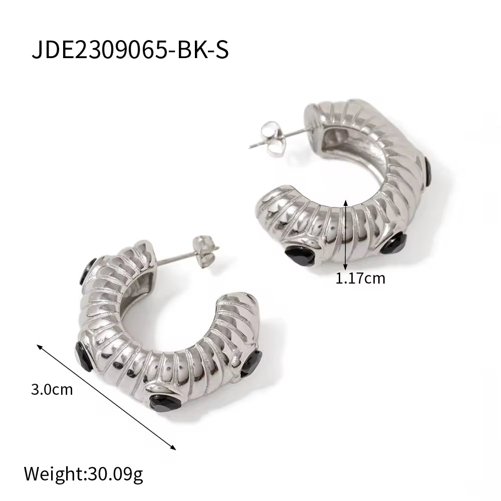 Fashion 18K Gold Plated Stainless Steel Hoop Earrings Thick Hollow Zircon Big Chunky Earrings Women