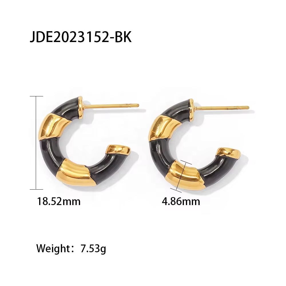 18K Gold Plated Stainless Steel Enameled Contrast Circle Color Trendy Hoop Earring Black and White