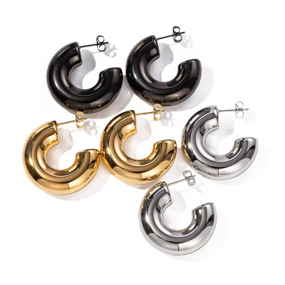 18K Gold Plated Stainless Steel Chunky Hoop Earrings Minimal Thick Hollow Statement Earrings for Women