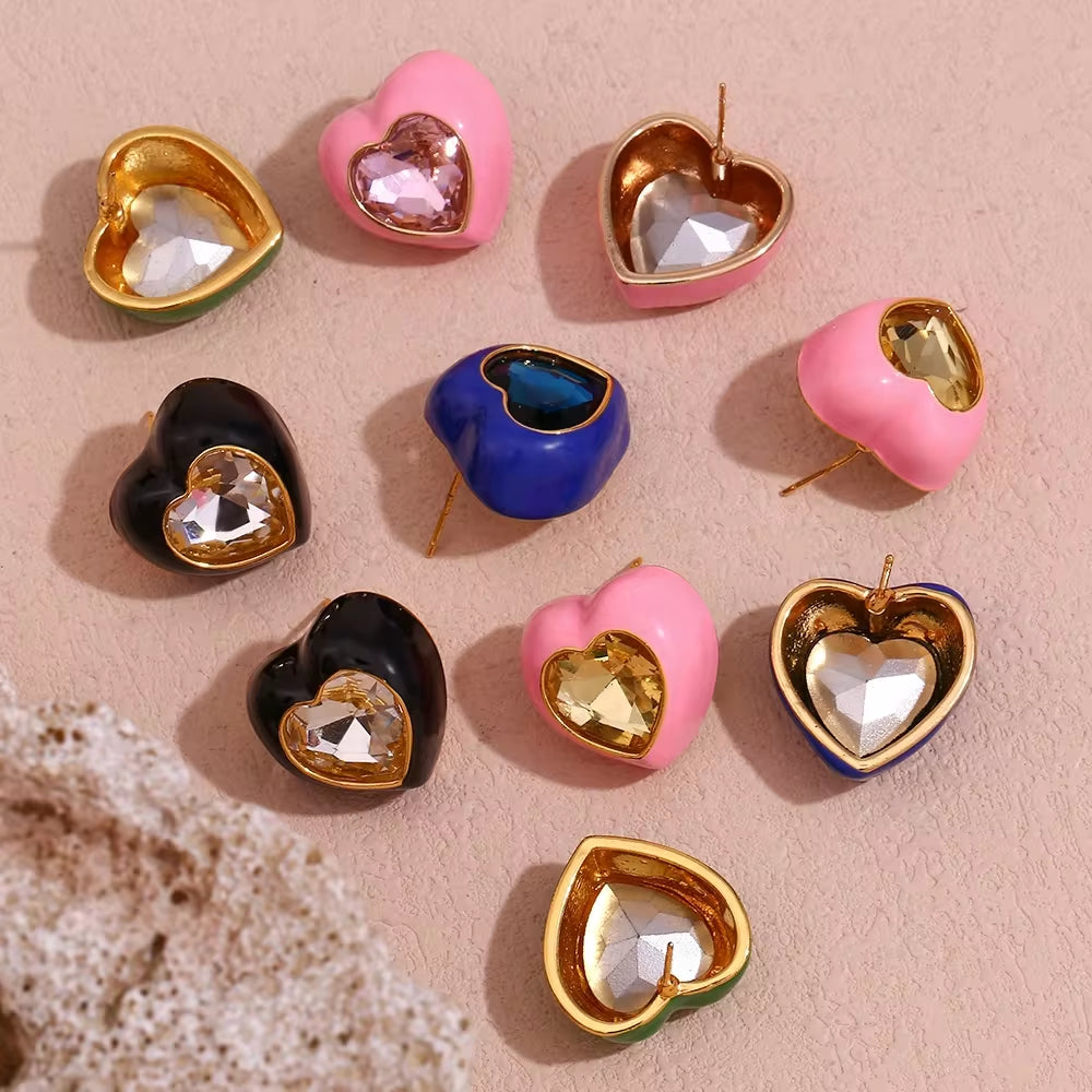 Spring Fashion Colorful Earrings Women Shining Heart Zircon Stud Earrings Gold Plated Stainless Steel Jewelry