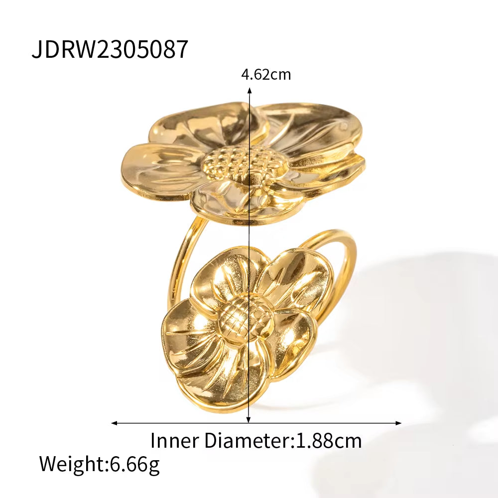 Summer Style 18K Gold Plated Stainless Steel Big Sunflower Earring Party Statement Bracelet Rings Jewelry Set