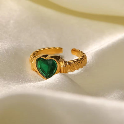 18K Gold Plated Stainless Steel Uneven Surface Heart Shape Green Cubic Zirconia Opening Rings