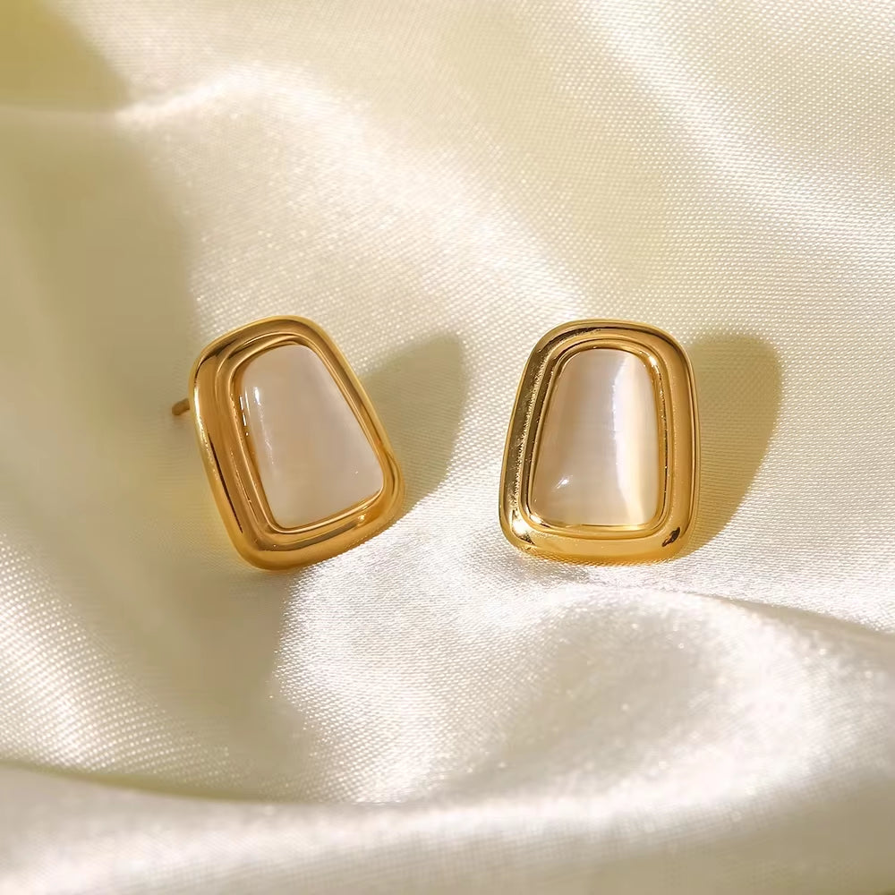 Ins Gorgeous 14K Gold Plated Rectangular Opal Simple Design Stainless Steel Stud Earrings for Ladies