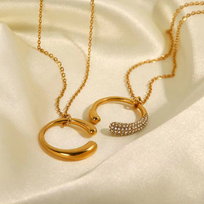 New Trendy Stainless Steel Waterdrop Shape Zircon Paved Circle C Open Ring C Ring Pendant Necklace