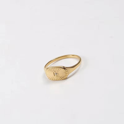 Trendy Jewelry 18K Gold Plated High Polished Zircon Sunburst Ring Stainless Steel Oval Ring for Women