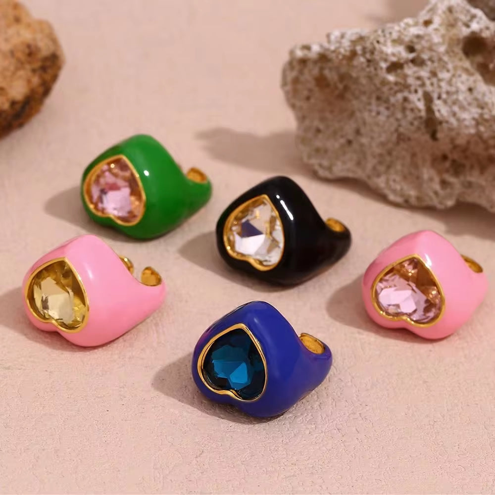 Chunky Colorful Enamel Y2K Heart Jewelry Shining Zircon Rings Set Gold Plated Stainless Steel Jewelry