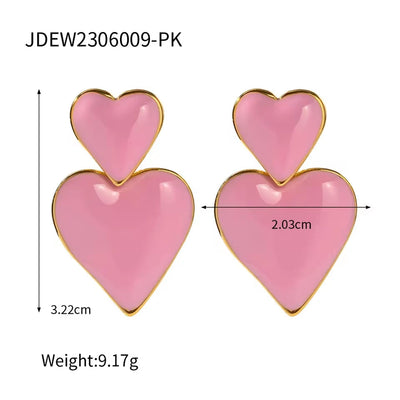 Trendy 18K Gold Plated Colorful Enamel Love Earring Stainless Steel Chunky Smooth Double Heart Drop Earrings