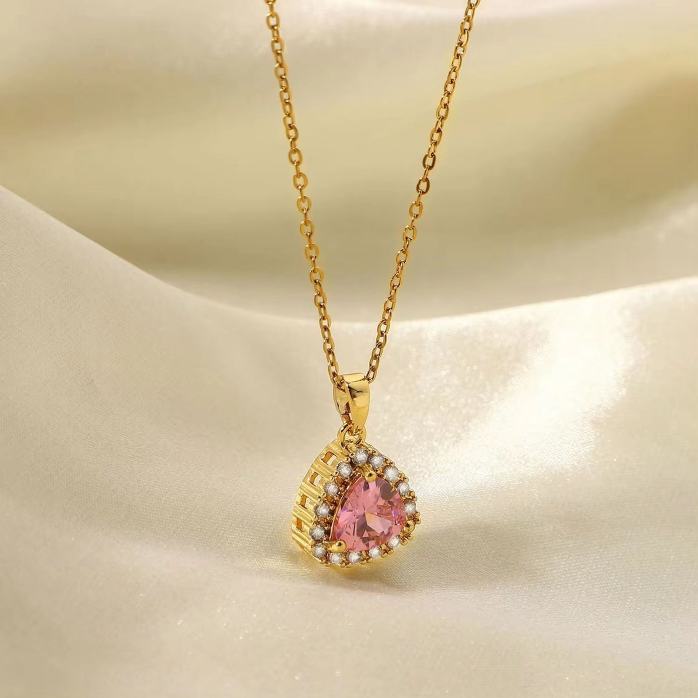 18K Real Gold Plated Necklacejewelry Stainless Steel Pink Triangle Cubic Zircon Pendant Necklace for Women