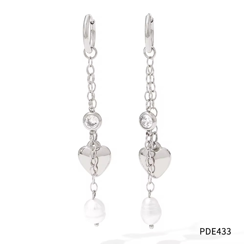 18K Gold Plated Stainless Steel Jewelry Tassel Heart Fresh Water Pearl Cubic Zirconia Drop Earrings for Womens