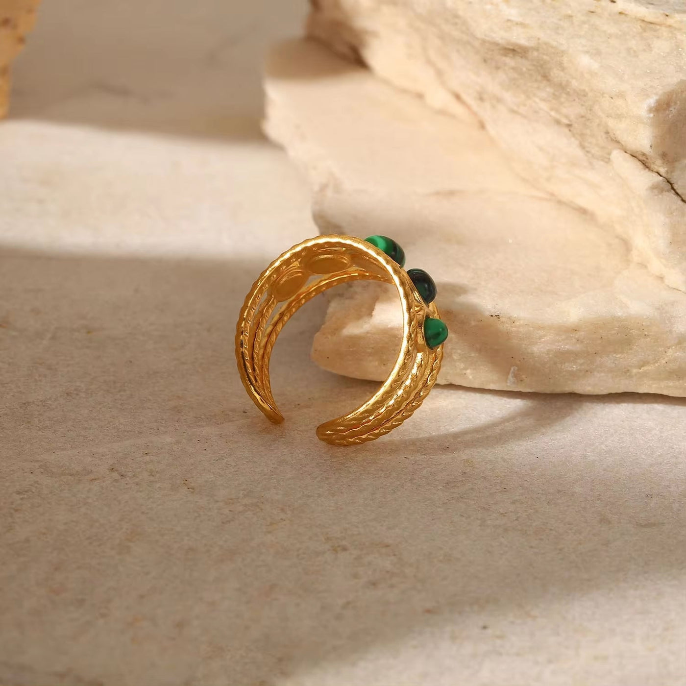 Water Proof PVD Gold Plated Stainless Steel Natural Malachite Stone Hollow Adjustable Rings